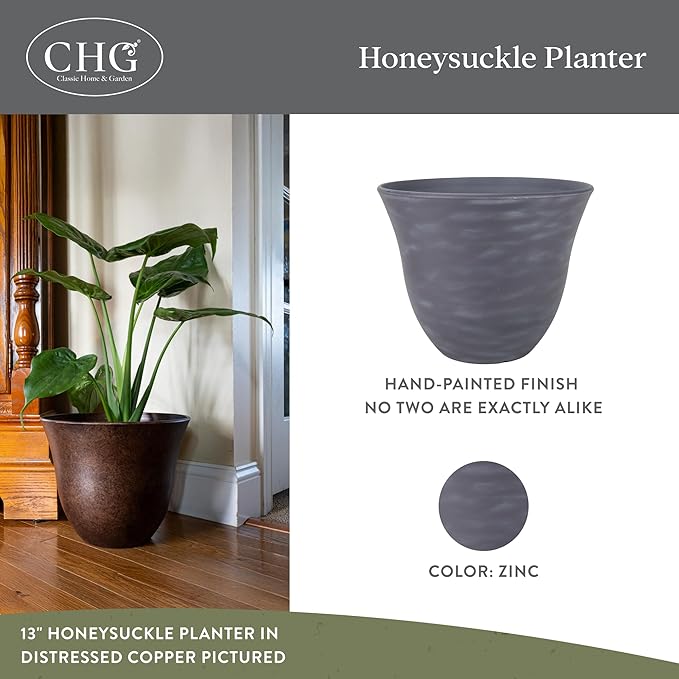 Classic Home and Garden Honeysuckle Resin Planters - Lightweight Indoor & Outdoor Plant Pots - UV-Resistant Plastic Flower Pots - Pot Planters for Flowers & Herbs (15" Zinc Grey) ClassicHomeandGarden