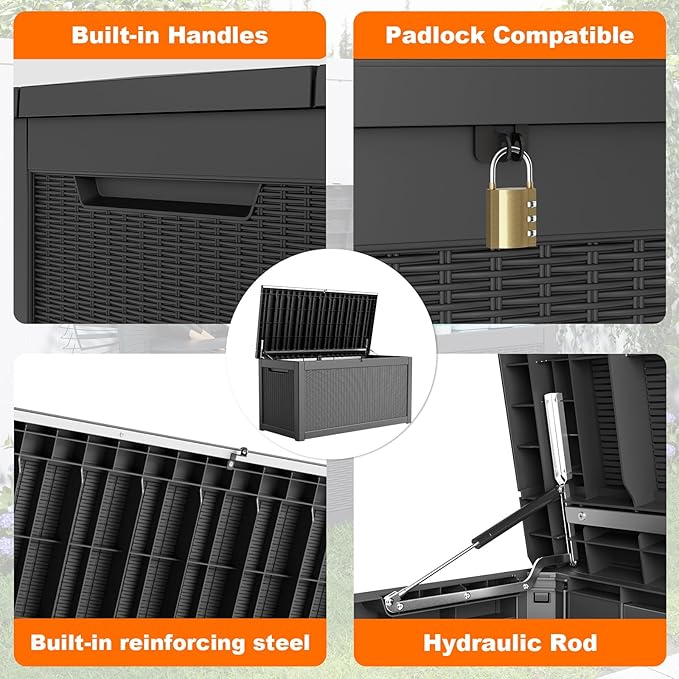 320 Gallon Resin Deck Box, Lockable Weatherproof Outdoor Storage Box for Furniture, Garden Tools and Tools Storage, Waterproof Outside Storage Boxes - Black OutdoorLivingPerfected