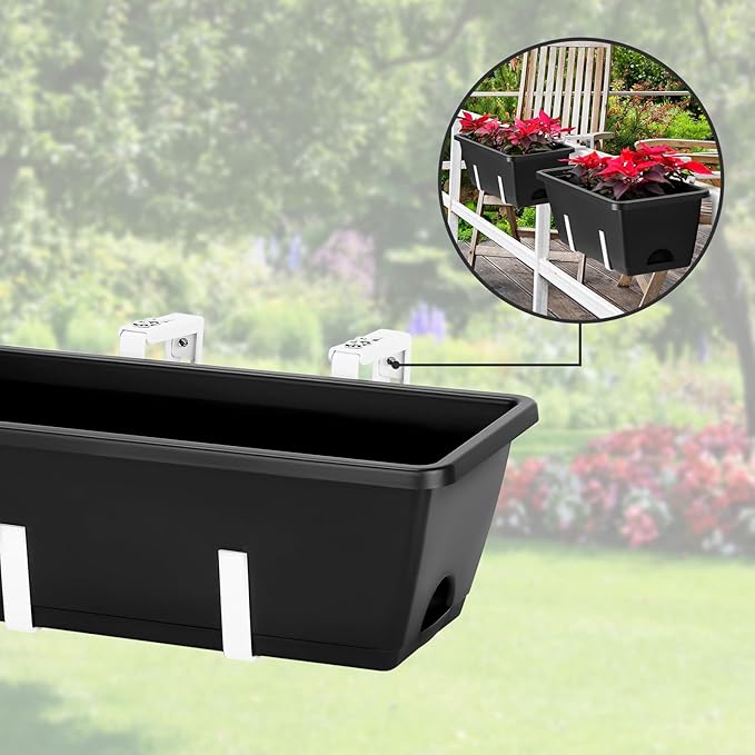 smusei Railing Planter Box 4 Pack Window Boxes Planters with Flower Box Brackets, 17’’ Rectangle Balcony Deck Railing Hanging Planters for Outdoor Fence Garden Patio Plants smusei