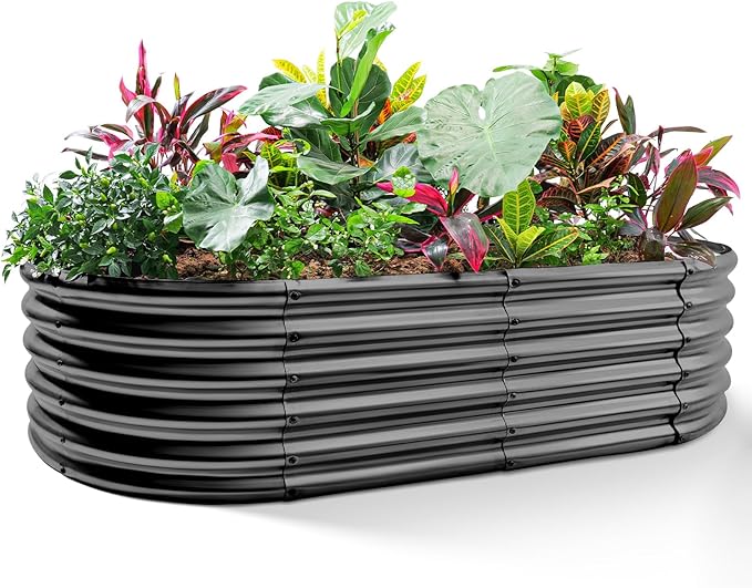 Land Guard Galvanized Metal Raised Garden Bed Kit, 8x4x1.5ft Large Planter Boxes Outdoor, Oval Gardening Box, Patio Garden Planter Box for Vegetables (Grey) LandGuard