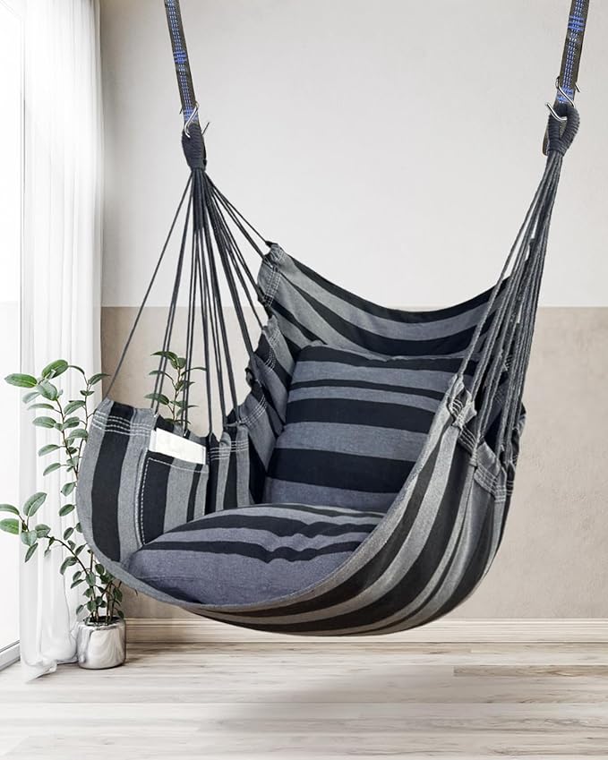 Halalona Hammock Chair Hanging Hammock Chair Rope Swing 2 Cushions Included-Sturdy & Durable Soft Cotton Hand Woven Hammock Swing for Bedroom, Porch, Patio-Indoor/Outdoor Halalona