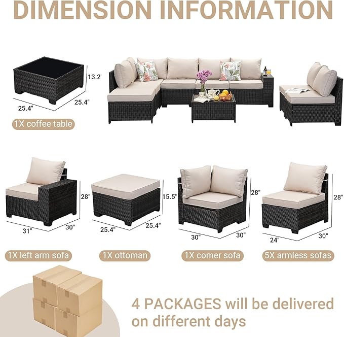 Jing's Villa 9-Piece Patio Furniture Set, All-Weather Outdoor Wicker Sectional Sofa with Cushions, Tempered Glass Table & Ottoman, Rattan Conversation Seating for Porch, Garden, Backyard,Beige JingsVillaOutdoorFurniture