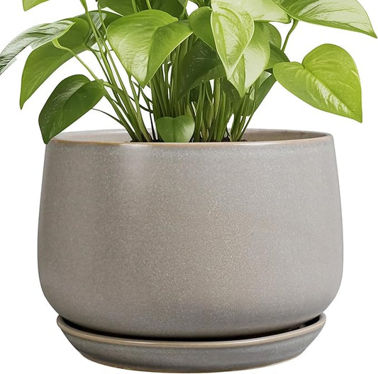 G EPGardening Ceramic Planter 9 Inch - Round Modern Plant Pots with Drainage and Plant Saucer Indoor Outdoor for Flower, Vanity Decor, House Gifts, Retro Grey GEPGardening