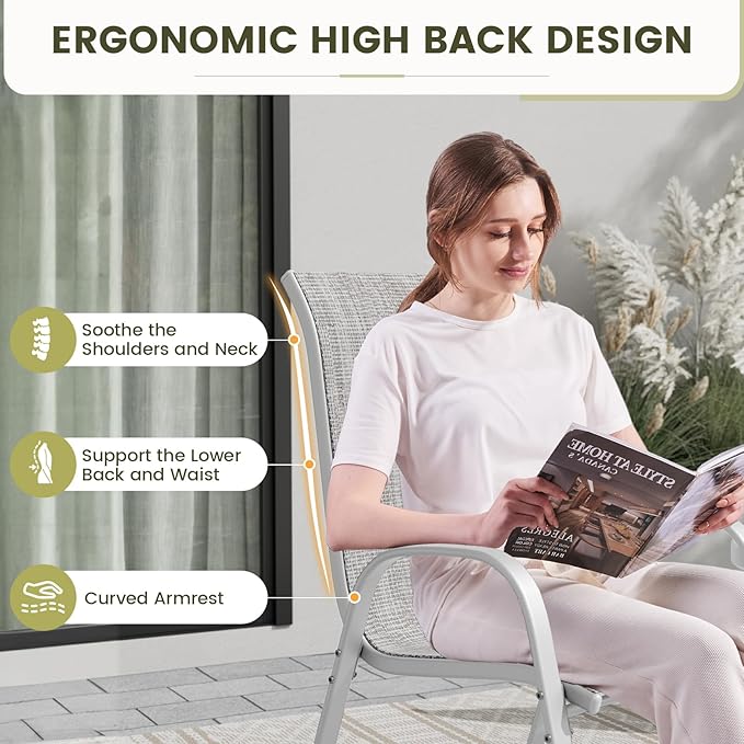 UDPATIO Patio Chairs Set of 2, Stackable Silver Outdoor Dining Chairs with High Back, Breathable Textilene Fabric Outdoor Chair All Weather, 350LBS Capacity for Garden, Backyard (Light Grey) UDPATIO