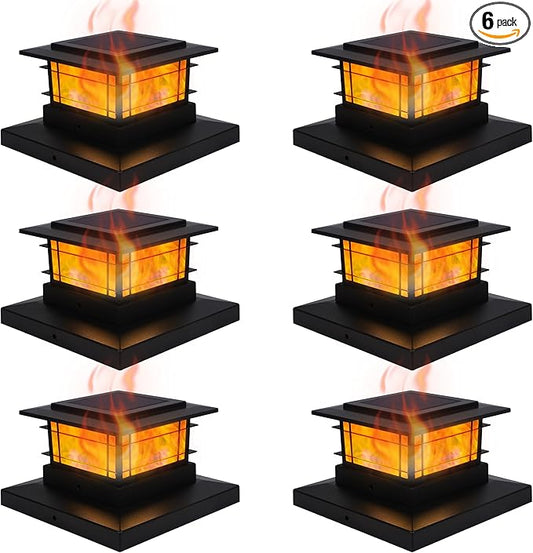 Dynaming 6 Pack Solar Post Cap Lights Outdoor with Flickering Flame Light, Fence Post Solar Lights Fit for 4x4 5x5 6x6 Vinyl/Wooden Posts, High Brightness SMD LED Lighting Decor for Garden Deck Patio Dynaming