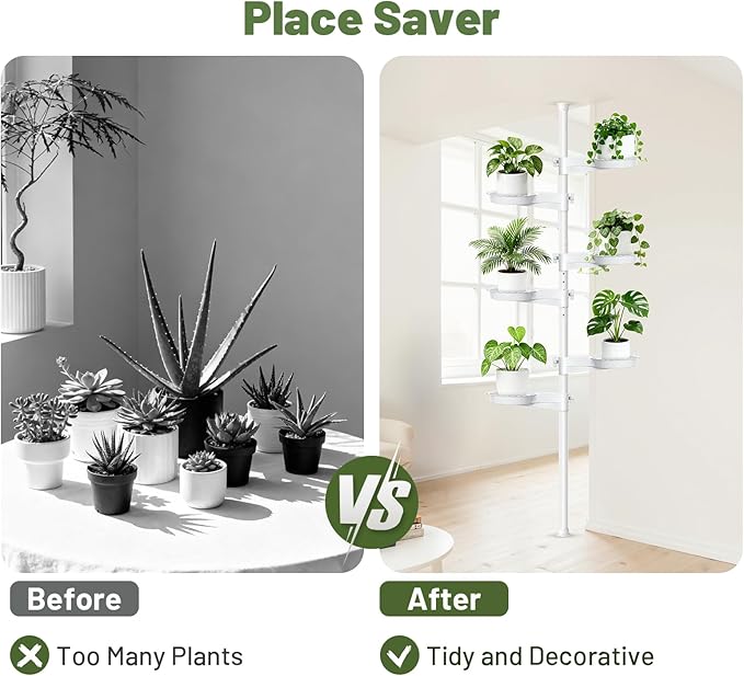 Tension Rod Plant Stand, Plant Poles for Hanging Plants Indoor, 6 Tier Tension Pole Plant Hanger, Floor to Ceiling Plant Pole with 6 Trays Hanging Plant Stand, White Zononoca