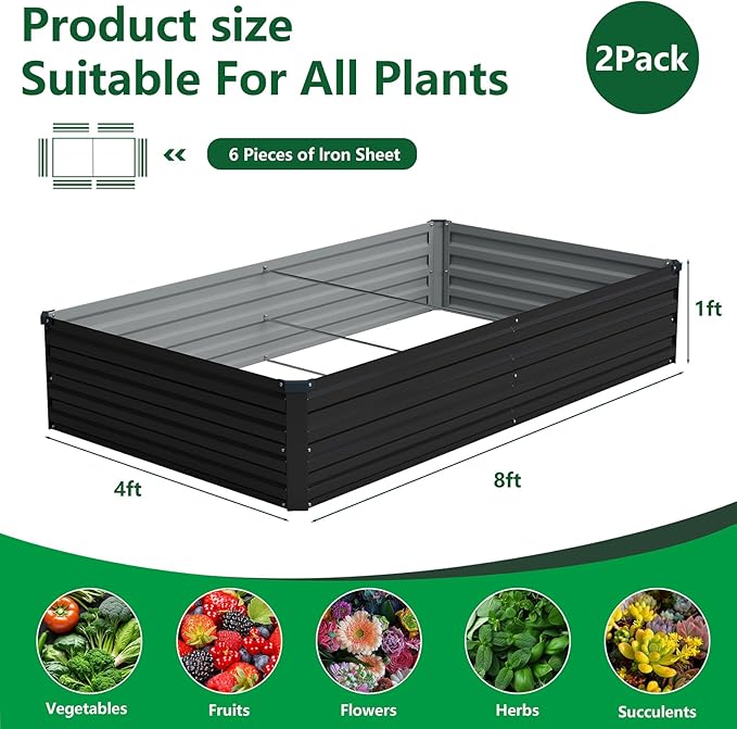 Vengarus 8x4x1FT (2 Pack) Galvanized Raised Garden Bed Kit, Outdoor Metal Planter Box for Vegetables, Rectangular Steel Container, Easy Assembly (Black) Vengarus
