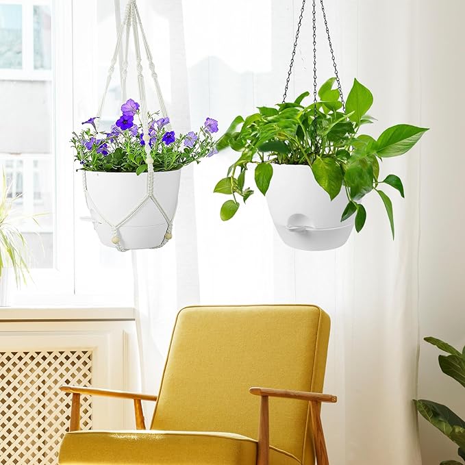 10 inch Self Watering Hanging Planters, 2 Pack Hanging Flower Pots for Indoor Outdoor Plants, Hanging Baskets with Drainage Holes & 2 Kinds of Plant Hangers for Garden Home Decor, White Meowell