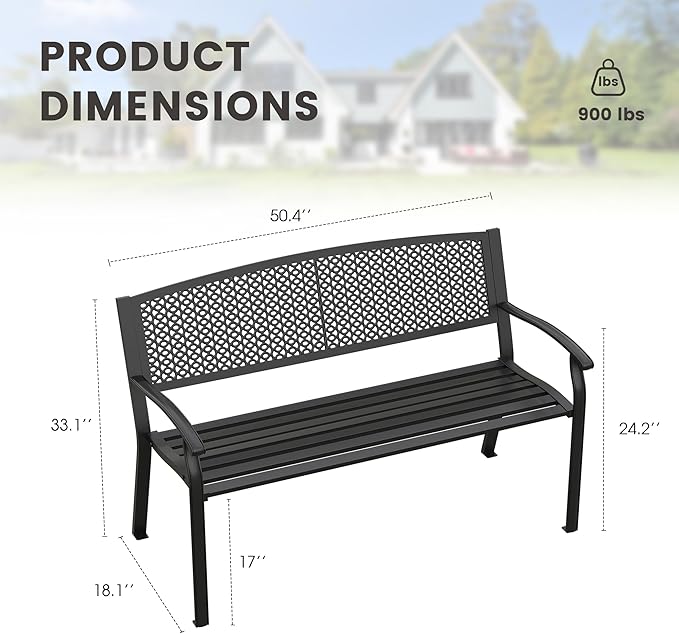 50.4" Garden Bench, Metal Outdoor Bench with Backrest and Curved Armrests for Patio Porch Lawn, Black Offeroutdoorsolutions