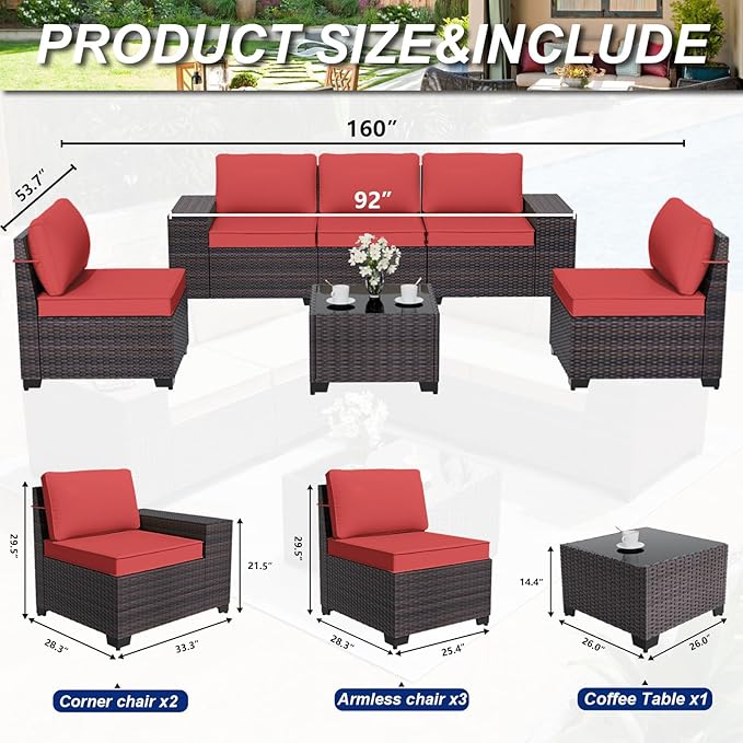 ALAULM 6 Pieces Patio Furniture Set, Oversized Seat/Armrest and High Back Wicker Sectional Furniture Set with Thick Cushion for Backyard, Garden, Red ALAULM