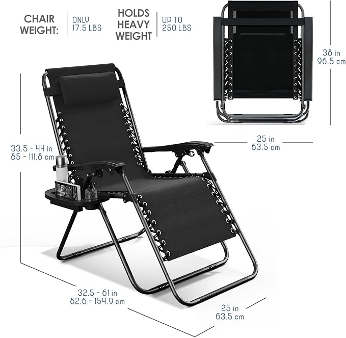Nestl Zero Gravity Chairs Set of 2, Patio Lounge Chair Outdoor with Pillows & Cup Holder Trays, Adjustable Steel Mesh Reclining Camping Chair, Folding Patio Lawn Chair for Deck, Beach, Yard - Black Nestl