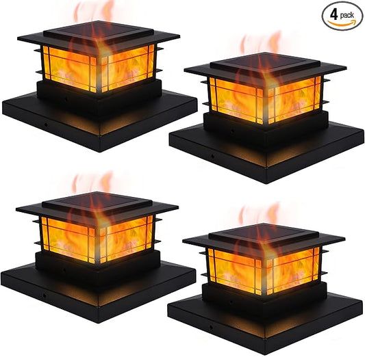 Dynaming 4 Pack Solar Post Cap Lights Outdoor with Flickering Flame Light, Fence Post Solar Lights Fit for 4x4 5x5 6x6 Vinyl/Wooden Posts, High Brightness SMD LED Lighting Decor for Garden Deck Patio Dynaming