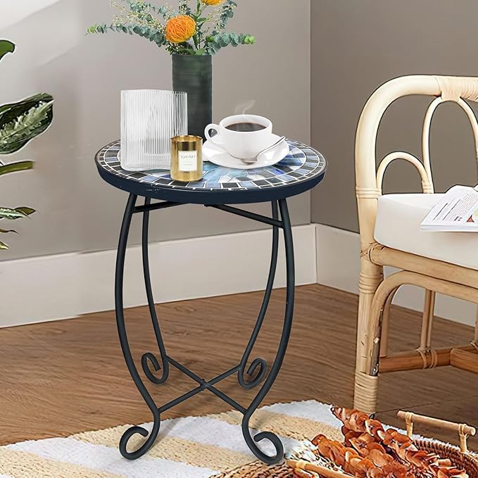 LIFFY Outdoor Side Table,12" Round Ceramic Tile Tabletop Accent Table with Metal Frame, Indoor Small Decorative Plant Stand & End Table for Home, Patio, Garden LiffyArt