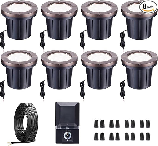 Landscape Well Light Kit, 8 Pack LED Low Voltage In Ground Lights and 100W Transformer and 100FT Cable and 30 Wire Connectors, IP67 Waterproof 12V Outdoor, Aluminum for Sidewalk Tree Path Varmtalys