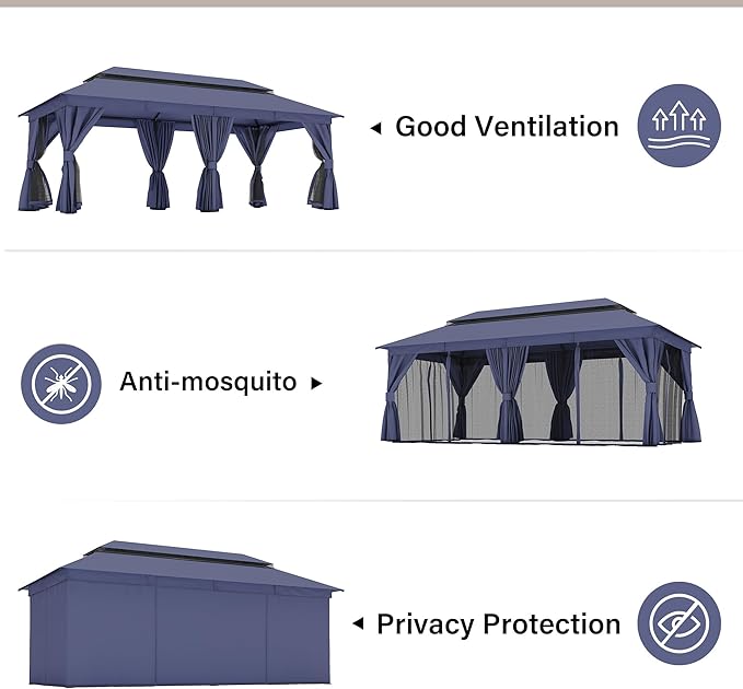 LAUSAINT HOME Semi-Permanent Outdoor Patio Gazebo 10'x20', Heavy Duty Party Tent Shelter with Double Roofs, Mosquito Nettings and Privacy Screens for Backyard, Garden, Lawn, Navy Blue LAUSAINTHOME