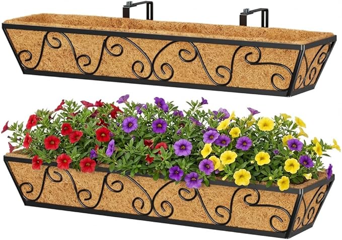 Y&M 30 Inch Butterfly Window Deck with Coco Liner, Fence Metal Hanging Flower Planter Window Basket Deck Railing Planter Boxes for Outdoor Garden Lawn 2pcs YM