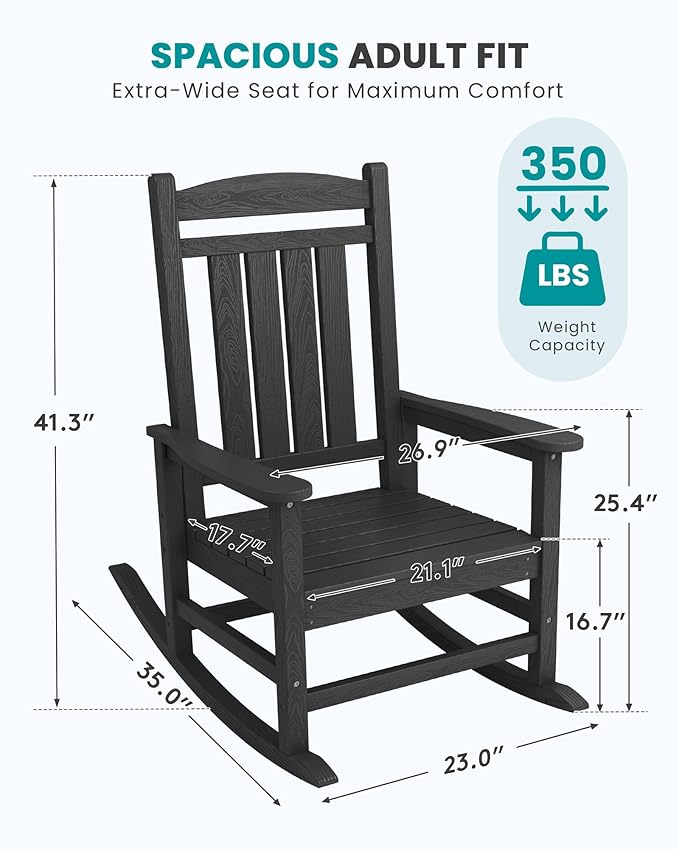 SERWALL HDPE Outdoor Rocking Chair Set of 2, Patio Rocking Chairs, All-Weather Porch Rockers for Adults, Black SERWALL