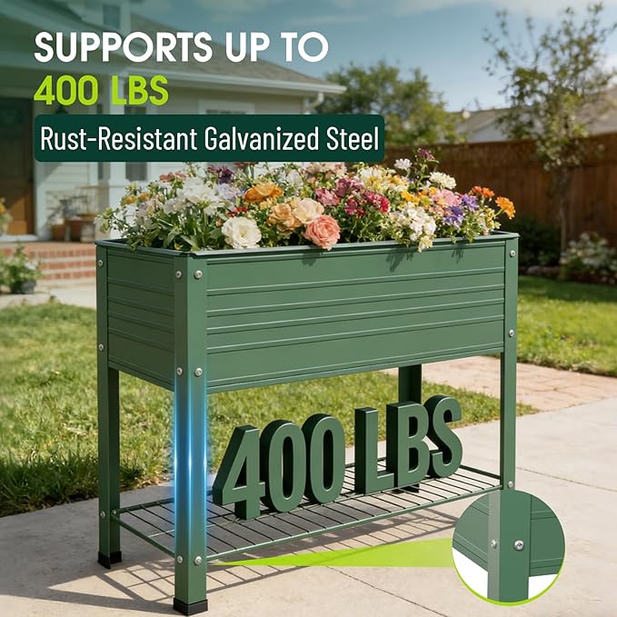 2-Pack Raised Garden Beds - Galvanized Steel Planter Boxes, 400 lb Capacity, 5 Drainage Holes & 2 Flow Channels, Elevated Garden Bed with Mesh Bottom for Outdoor Gardening Rootora