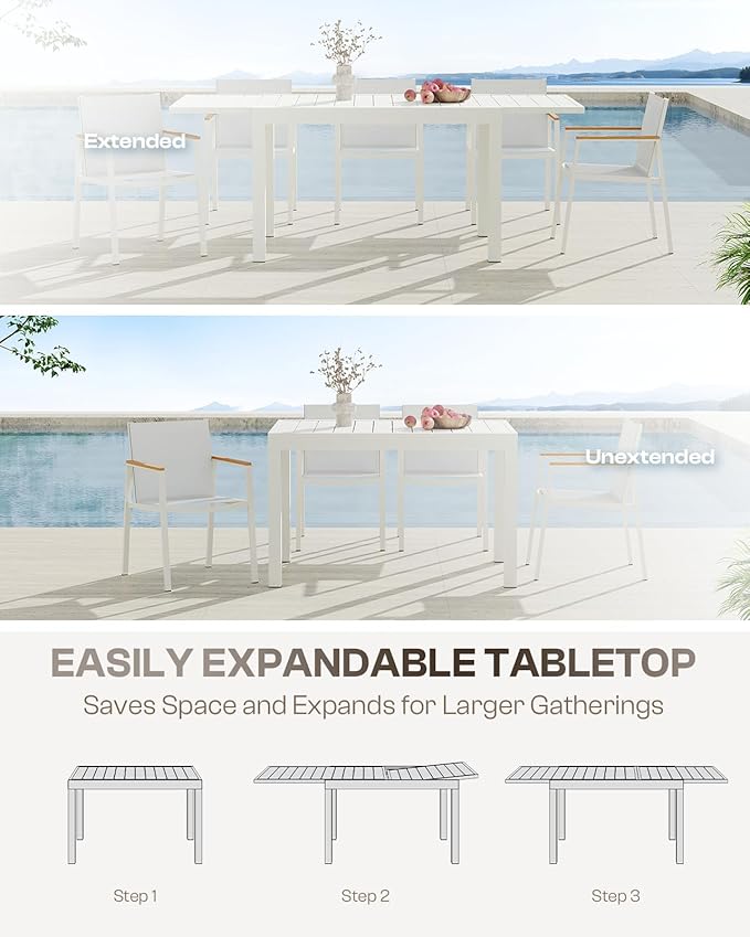 Outdoor Aluminum Patio Dining Table Set for 6-8 Person, Expandable Outdoor Table and 8 Chairs with Textilene Fabric & HDPS Armrest, All-Weather Patio Furniture Set for Yard, Garden, White Oasbira