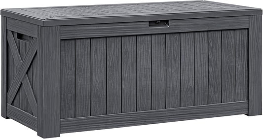 Flamaker Resin Deck Box 120 Gallon Waterproof Large Outdoor Indoor Storage Box Imitation Wood Resin for Patio Furniture Garden Tools and Pool (Gray) Flamaker