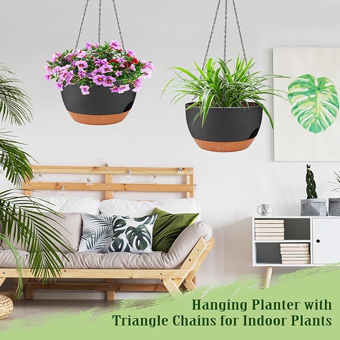 Hanging Planters for Outdoor Indoor Plants, 2 Pack 10 Inch Hanging Basket Plants Outdoor, Self Watering Hanging Planter with Plant Hanger for Garden Home Decoration (Black, 10 inch) Lucieblessdesign