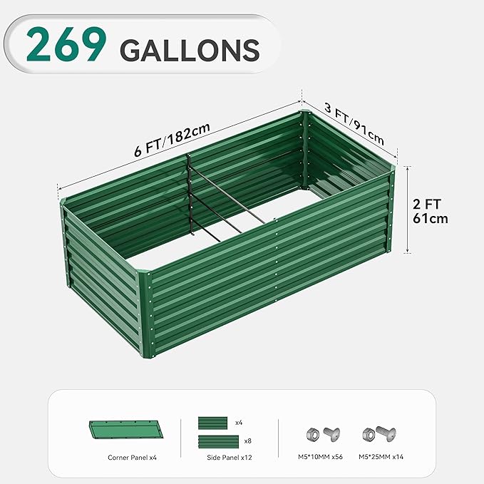 YITAHOME 6x3x2ft 2pcs Large Raised Garden Bed Kit, Galvanized Metal Planter Box with Gloves, Ground Nails, Support Rod, Outdoor Above Ground Planters for Plants Vegetables Flowers, Green YITAHOME