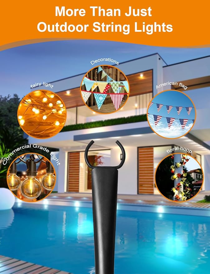 6 Pack String Light Poles for Outside, Thickened Metal Lights Hanger Pole Outdoor with Fork, Lighting Hanging Post Accessories for Patio Decor Garden Backyard Yard Front Porch Outside Decorations Fussion