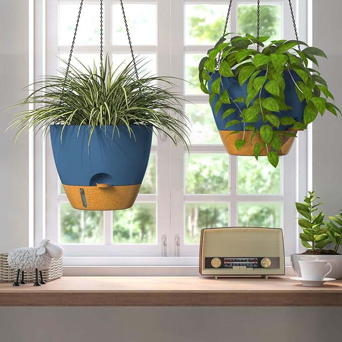 ZMTECH 12 Inch Hanging Planters for Indoor Plants & Outdoor, Self-Watering Hanging Pots with Drainage Holes, Visual Reservoir, Plastic Hanging Baskets for Outdoor Garden Home Decor, Blue HighQualityGardeningTools
