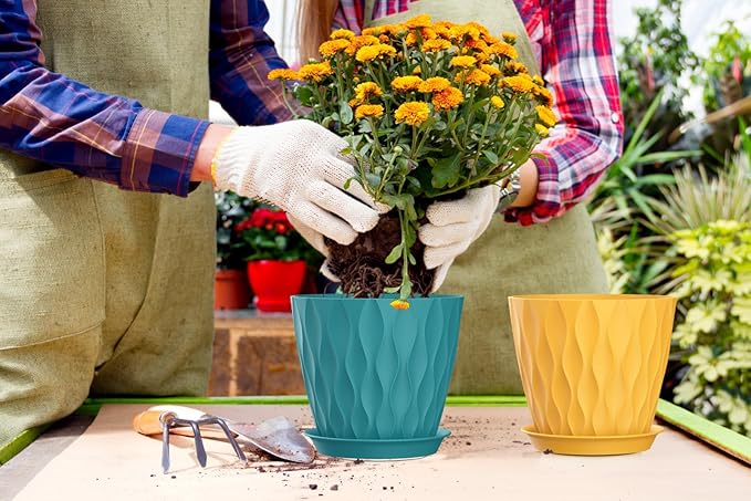 7 Inch Plant Pots 5 Pack, Flower Planters with Drainage Holes and Trays,Plastic Pots for Indoor Outdoor Plants,Multicolor SQKH