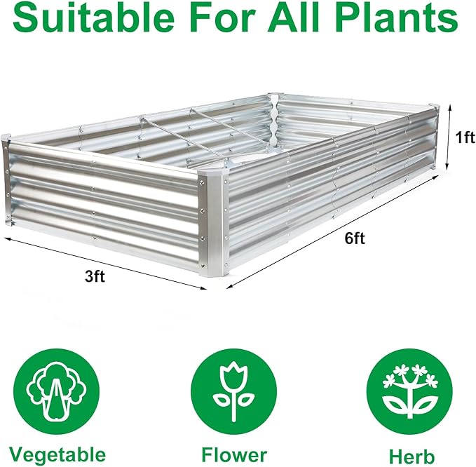 JERIA 6×3×1ft Raised Garden Bed with Support Rods,Galvanized Raised Garden Bed Kit Outdoor Metal Gardening Planter Box for Vegetable, Fruits, Flower JERIA