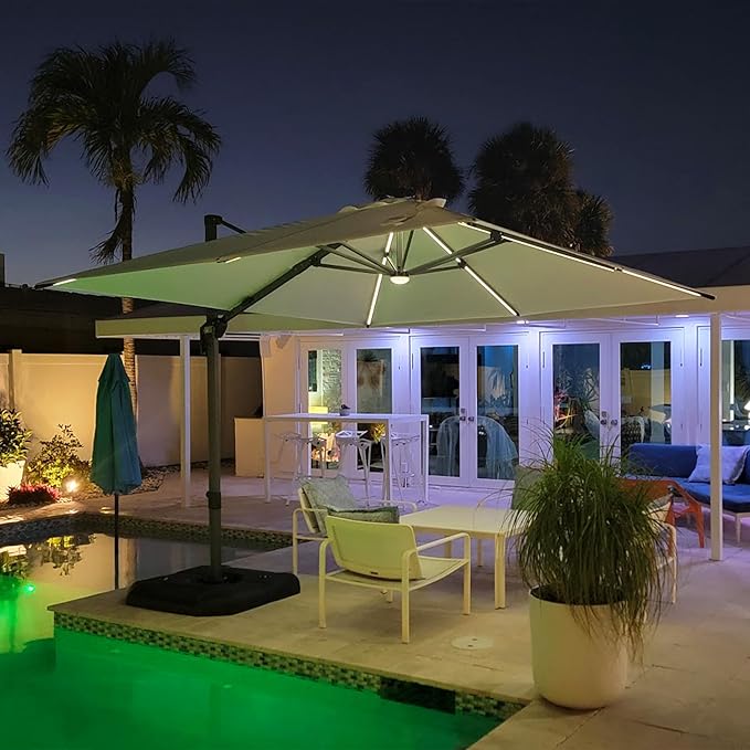 PURPLE LEAF 10 Feet Patio Umbrella Outdoor Cantilever Solar Powered LED Square Umbrella Aluminum Offset Umbrella with 360-degree Rotation for Garden Deck Pool Patio, Beige PURPLELEAF