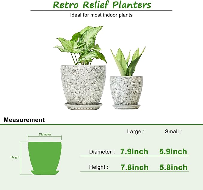8 Inch + 6 Inch Retro Ceramic Planter Set of 2 with Drainage Hole and Saucer for Multiple Plants, Indoor-Outdoor Garden Pots for Succulent, Orchid, and Flower (Retro White) Bestseler