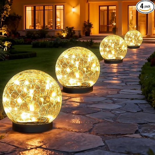 Solar Garden Lights Outdoor Waterproof, 4 Pack Cracked Glass Ball Light, Ground Landscape Garden Decor, Solar Globe Decorative for Pathway/Patio/Lawn/Yard (Warm White, 4.7") SyouHome