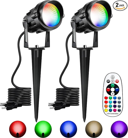 Halloween Christmas Spotlight Outdoor Color Changing Landscape Spotlights,12W RGBW LED Outdoor Spot Lights for Yard Garden Decor,Waterproof 110V Plug in Landscape Lighting with Remote,2 Packs Qeeanmo