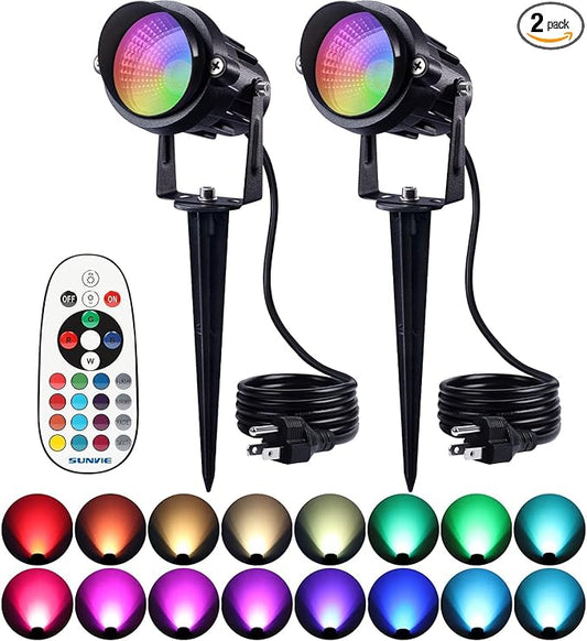 SUNVIE RGB Spot Lights Outdoor 12W LED Color Changing Landscape Lights with Remote Control 120V RGBW Landscape Lighting Waterproof Outdoor Spotlight for Yard Garden Patio Lawn Decorative, 2 Pack SUNVIE