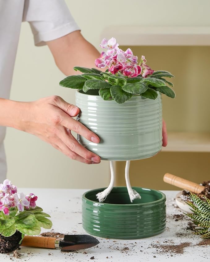 Self Watering Pots for Indoor Plants, 6 Inch Ceramic Self Watering Plant Pot, Planter Pot with Wick Rope and Drainage Hole for African Violet Succulent Herbs (Green Light) FayoulasGarden