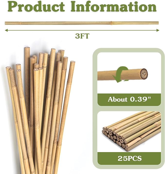 Plant Stakes 3FT, Natural Bamboo Stakes, HAINANSTRY 25Pcs Sturdy Bamboo Garden Stakes, Bamboo Sticks for Plants, Beans, Indoor and Outdoor Climbing Plants, Tomato Vegetable Stakes for Garden HAINANSTRY