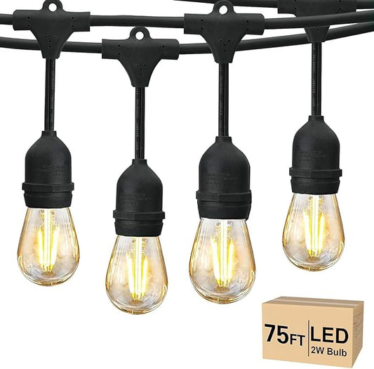 Svater 75 FT Outdoor String Lights 2W, Patio Light for Outside with 26 Antique S14 Plastic LED Bulbs, IP65 Waterproof Hanging Cafe Market Lighting, ETL-Listed Dimmable Warm White Svater