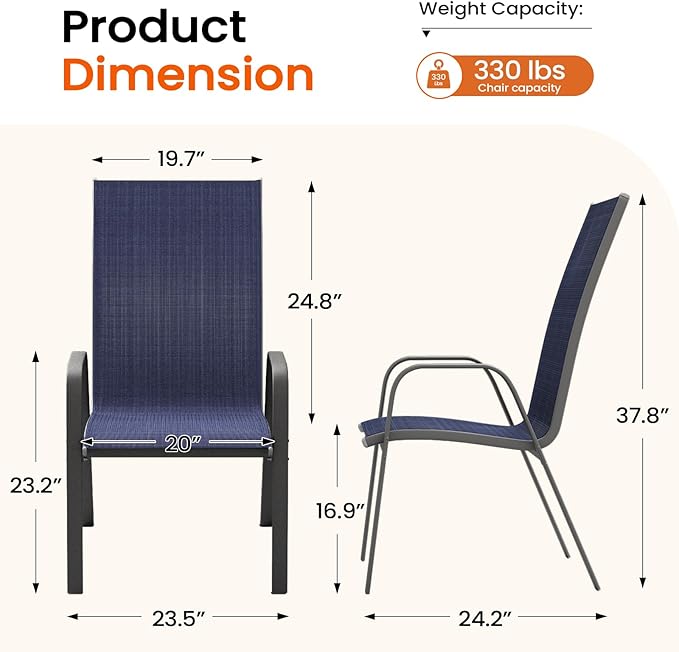 JEAREY Patio Dining Chairs Set of 4, Outdoor Stackable Dining Furniture Set, All Weather Dining Set for Lawn, Garden, Backyard, Poolside, Navy Blue JEAREYOutdoorsCollection