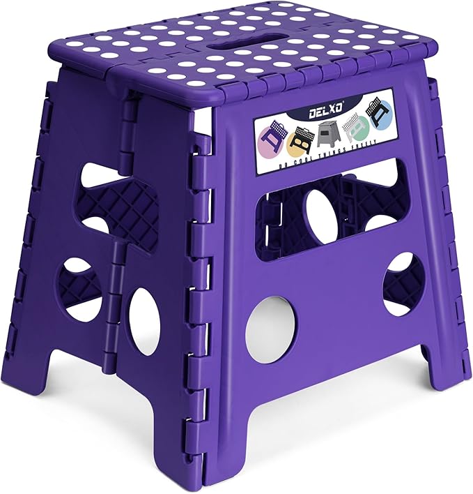 Delxo Folding Step Stool, 13 inch Non-Slip Foldable Stools Up to 300 LBS, Step Stool with Handle, Lightweight for Kitchen, Bathroom, Bedroom, Garden, Purple, 1PC Delxo