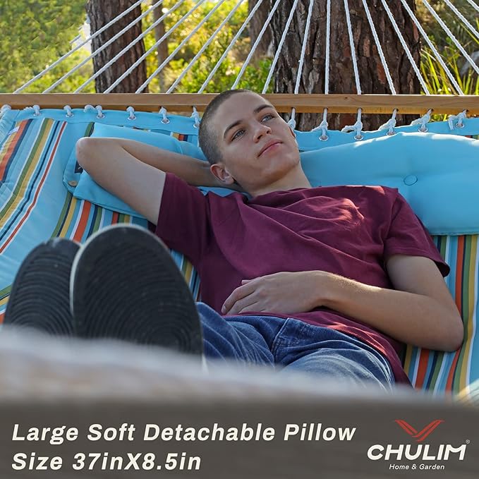 12 FT Double Quilted Fabric Hammock with Spreader Bars and Pillow 450 LBS Weight Capacity 2 Person Hammock for Outdoor Patio Backyard Poolside Blue Stripes CHULIM