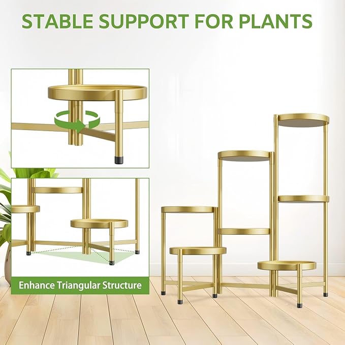 iDavosic.ly 7 Tier Large Plant Stand Indoor, 10 Inch Wide Tall Corner Metal Plant Stands Outdoor for Multiple Plants, Folding Tiered Flower Display Holder Rack Shelf, Gold iDavosicly
