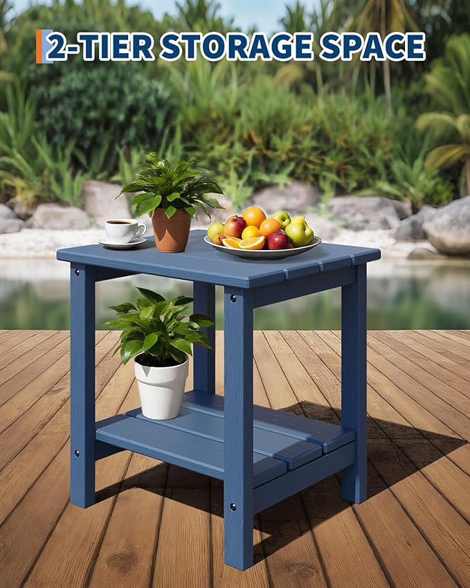 GarveeLife Adirondack Outdoor Side Table 18 x 15 in, HDPE 2-Tier Patio Side Tables for Outside, All-Weather End Table for Patio Pool Deck Indoor Backyard, Navy Blue-2Pcs GarveeLife