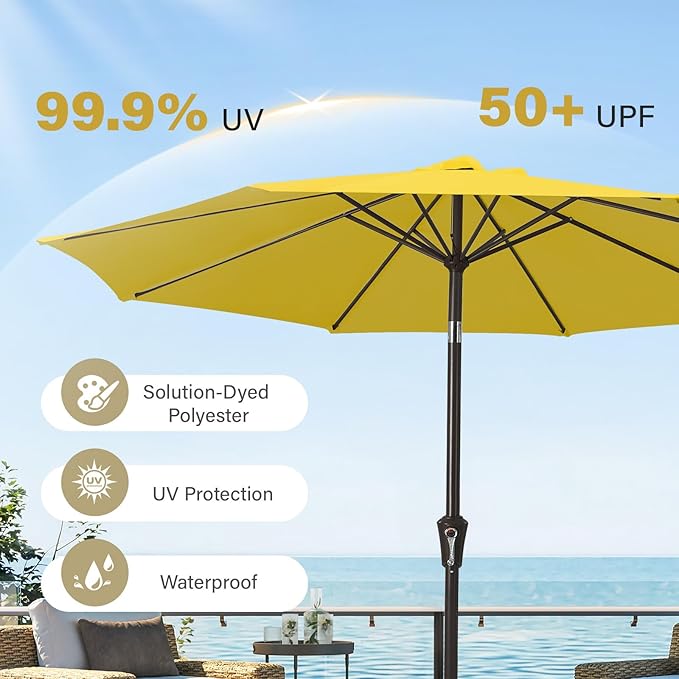 MEWAY 9ft Patio Umbrella Outdoor Table Umbrellas with Push Button Tilt and Crank, Market Umbrella 8 Sturdy Ribs for Deck, Garden, Pool and Backyard, Yellow MEWAY