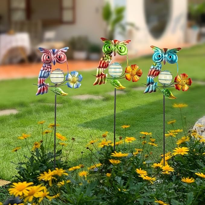 Set of 3 Owl Decorative Garden Stakes,Glow in The Dark Metal Yard Art,Waterproof Stakes Decorative for Outside,Metal Garden Decor for Mom,Women,Yard Lover SATHGA