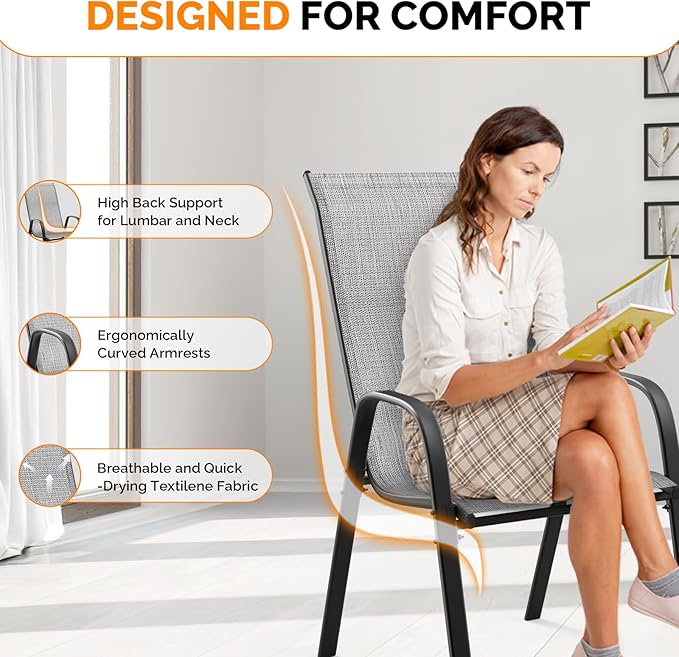 VINGLI Patio Chairs Set of 8 – Stackable Outdoor Dining Chairs with Comfortable Sling High Back Chairs and Armrests for Lawn, Poolside, Courtyard, Balcony, Garden, Silver Gray VINGLI