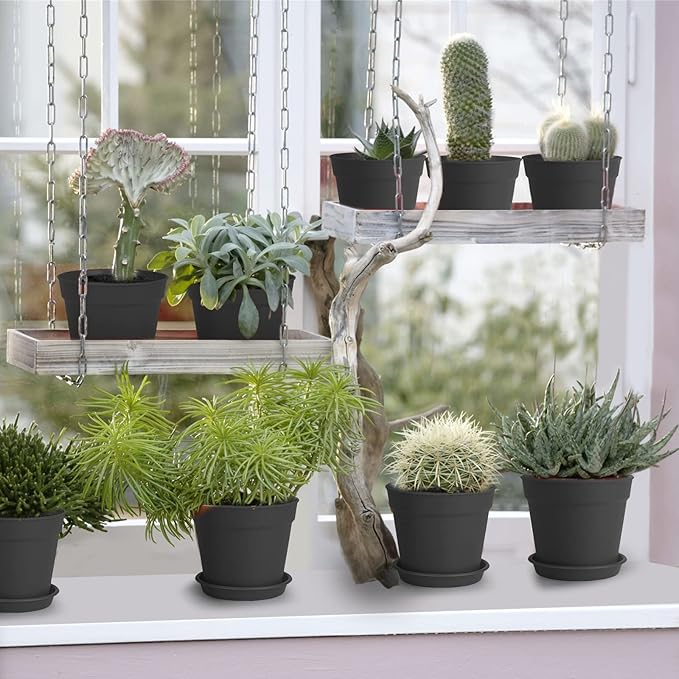 4 inch Small Plant Pots, 28 Pack Plastic Planters with Drainage Holes and Saucers for Flowers Plants, Succulents, Seed Starting Pots, Black SwinDuck