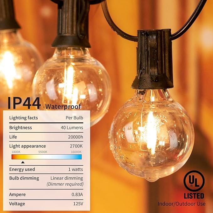 LED G40 Outdoor String Lights Patio Lights 109FT with 104 LED Shatterproof Bulbs, Weatherproof Commercial Hanging Lights for Backyard Bistro Pergola Party Decor, E12 Socket Base, 2200K, Black Brightown