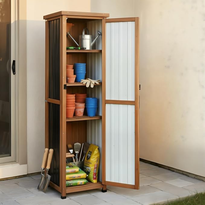 62" H Outdoor Corner Storage Cabinet with Lockable Doors, Outdoor Indoor Small Storage Cabinet with Metal Top, 3 Adjustable Shelves for Patio, Porch, Entryway or Small Spaces PETSCOSSET