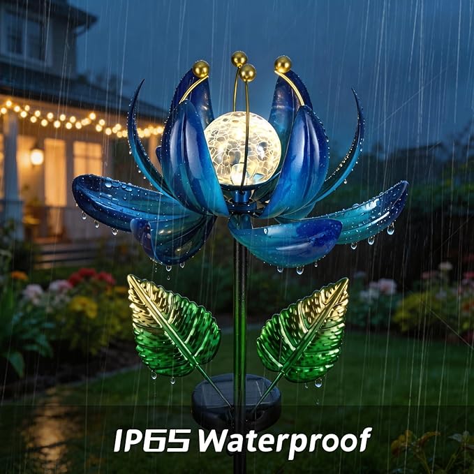 Solar Garden Lights Metal Flower Decor, Colorful Lotus Pathway Spinning Windmill with LED Cracked Crystal Ball Outdoor Decorative Stake Lighting Waterproof Flower Sculpture for Patio Yard AIINY